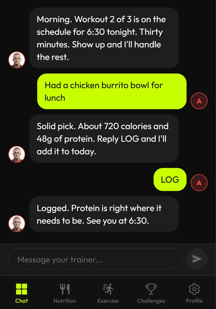 NX chat: the trainer reminds you of tonight's workout, estimates a burrito bowl at about 720 calories, and logs it when you reply LOG