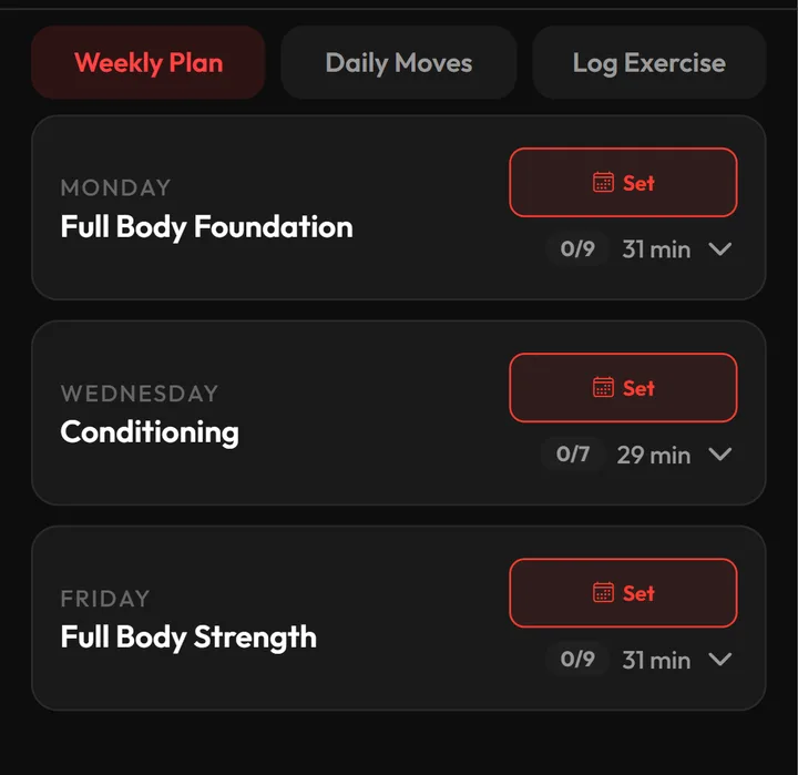 NX Exercise tab: a weekly plan with three scheduled workouts of about 30 minutes